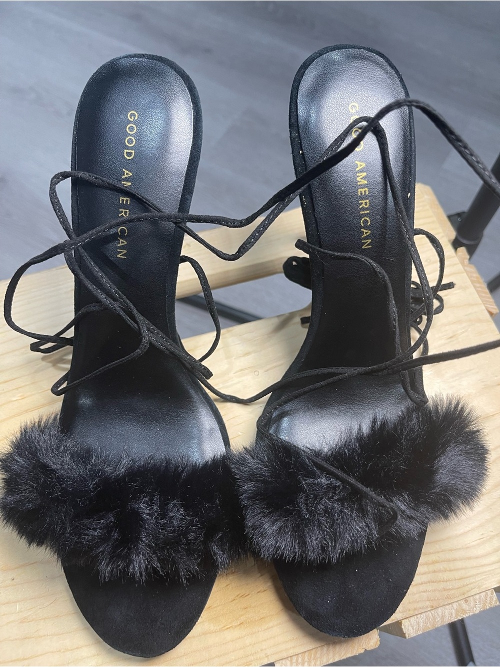 Good American Black Faux-Fur Lace-Up Heeled Sandals Sz. 10.5